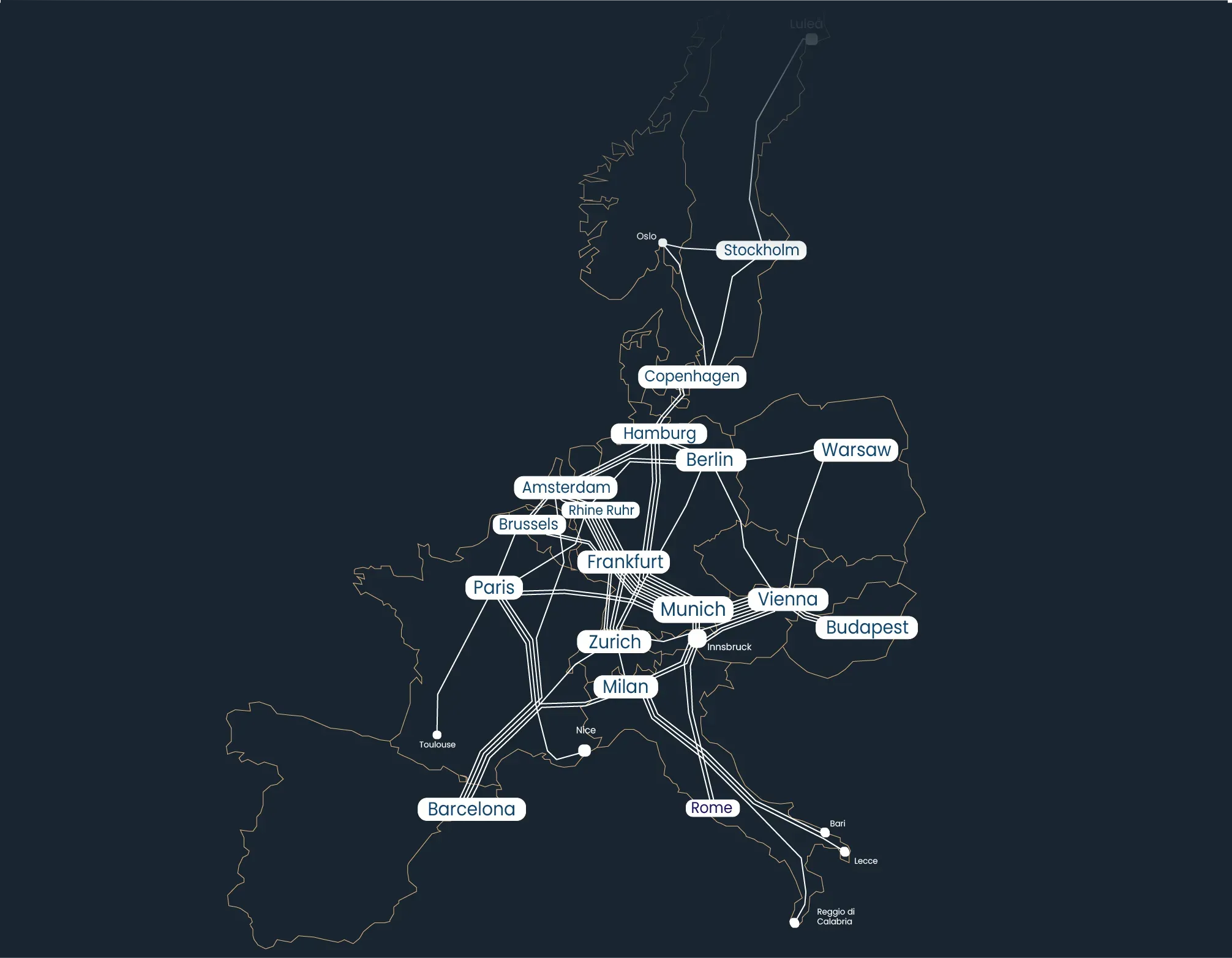 A map showing the European route map of the private room only night train company Nox